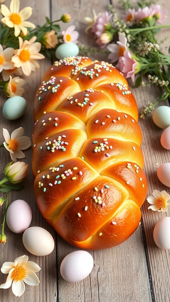 Braided Easter bread loaf with sprinkles on a wooden table, decorated with pastel eggs and flowers.